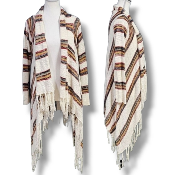 ESCIO | WATERFALL FRONT, FRINGE BOTTOM STRIPED LIGHTWEIGHT CARDIGAN - Picture 2 of 16